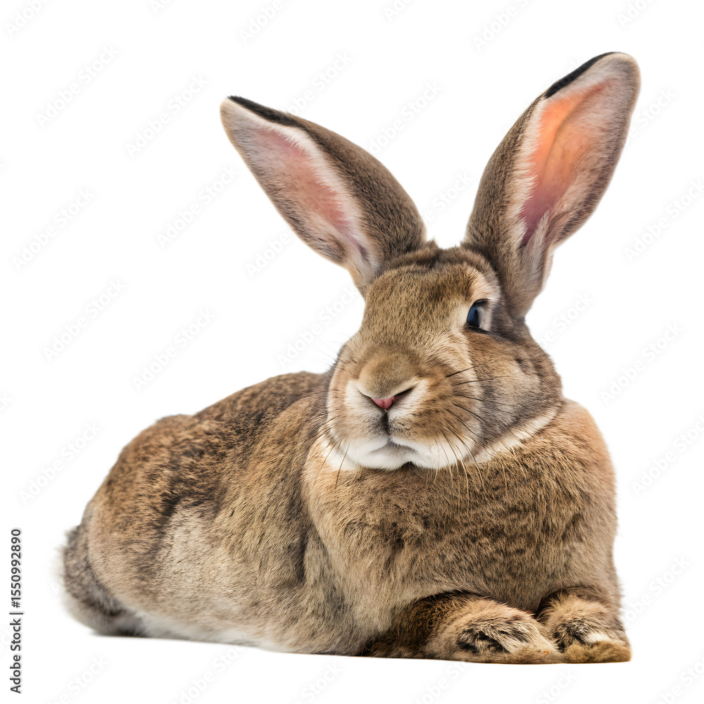 A fluffy brown rabbit sits calmly against a stark white background, its long ears perked up, isolated on transparent background A fluffy brown rabbit sits calmly against a stark white background, its long ears perked up, isolated on transparent background