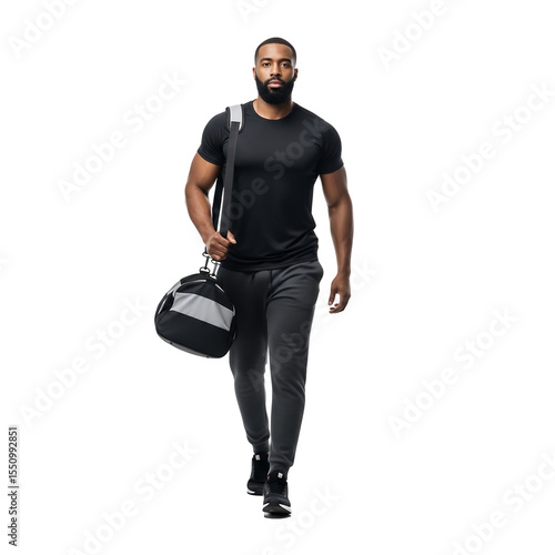 Man walking with a gym bag wearing athletic clothing looking ahead on transparent background