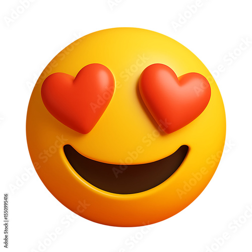 Smiling yellow emoji with red hearts for eyes showing love and adoration isolated on transparent background