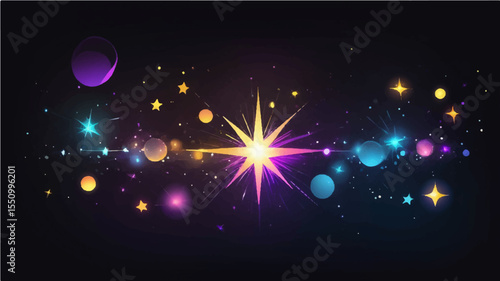 Colorful Abstract Background with Glowing Stars and Festive Fireworks
