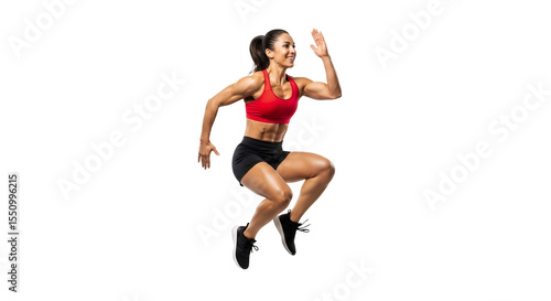 Woman in sportswear jumping with a determined expression shown on transparent background
