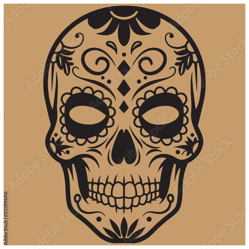 Intricate black and white sugar skull illustration on a tan background for dia de los muertos