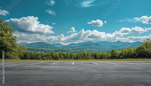 Fototapeta Naklejka Na Ścianę i Meble -  Empty parking lot at the base of a mountain range under a vibrant sky