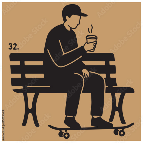 Minimalist illustration of a skater with coffee resting on a park bench conceptual design