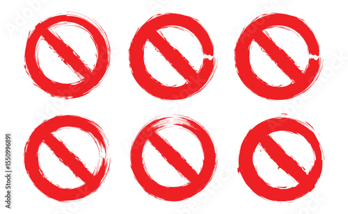 Grunge prohibition sign. Red crossed circle. Red prohibition sign set. drawn brush paint forbidden vintage grunge style red stop sign vector illustration set.