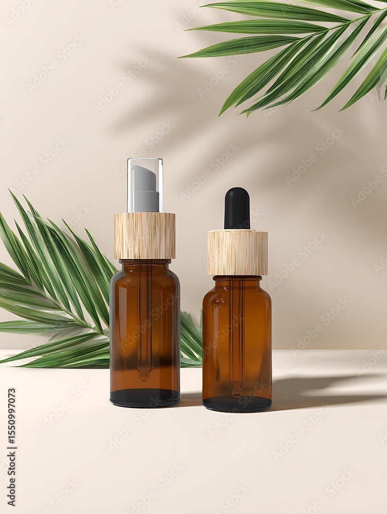 Fototapeta premium Amber bottles with natural elements backdrop