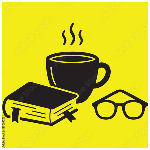 Reading time concept with a book coffee cup and glasses on a vibrant yellow background