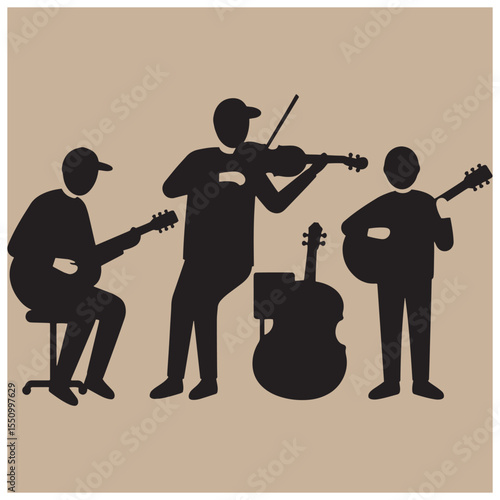 Silhouette illustration of a three piece musical band performing with guitars violin and double bass
