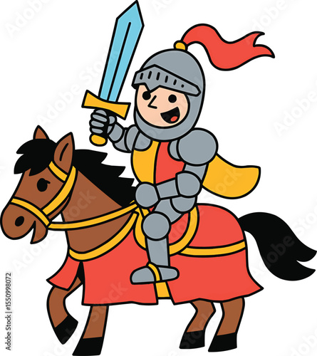Colorful Cartoon Knight Riding Horse with Raised Sword vector illustration,Generative Ai