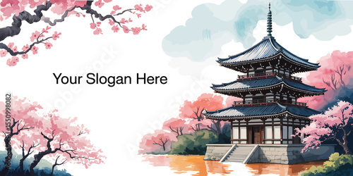 Serene Japanese Pagoda Amidst Cherry Blossoms Watercolor Painting