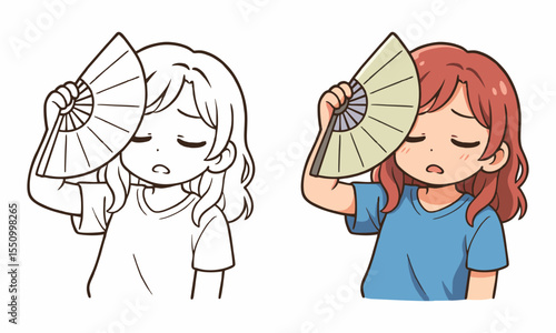 girl holding hand fan coloring page for kids