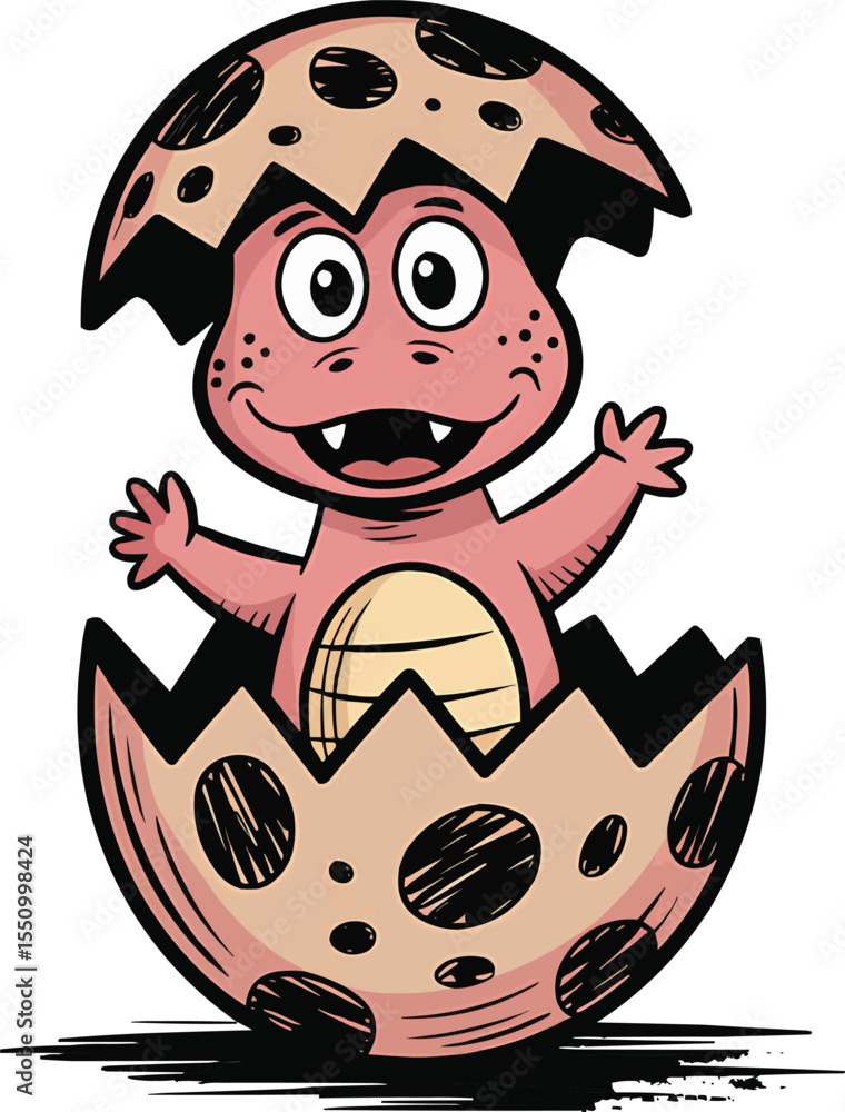 Fototapeta premium Cartoon Baby Dinosaur Coming Out of Spotted Egg vector illustration,Generative Ai