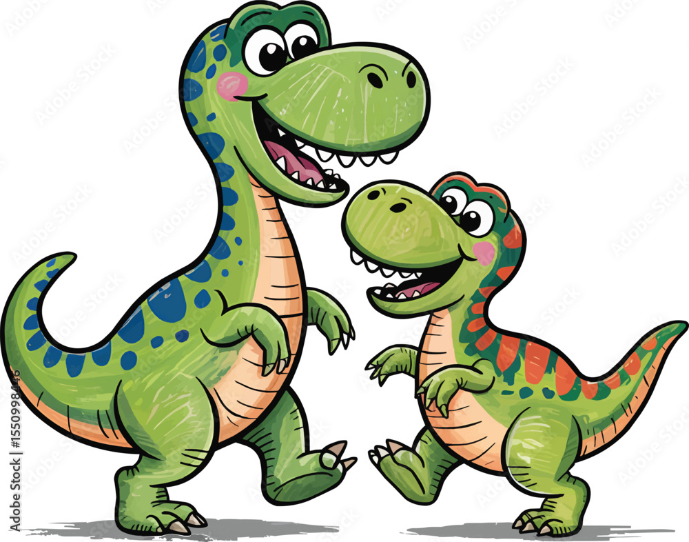 Fototapeta premium Two Happy Cartoon Dinosaurs Standing Together and Smiling vector illustration,Generative Ai