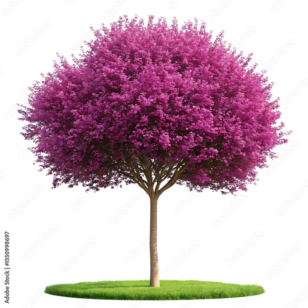 Obraz premium Beautiful blooming pink tree with lush green grass isolated on transparent background
