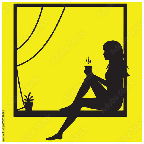 Silhouette of woman relaxing and drinking coffee by the window in minimalist style