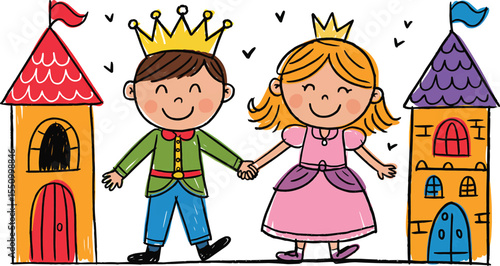 Crayon Style Prince and Princess Holding Hands with Castles vector illustration,Generative Ai