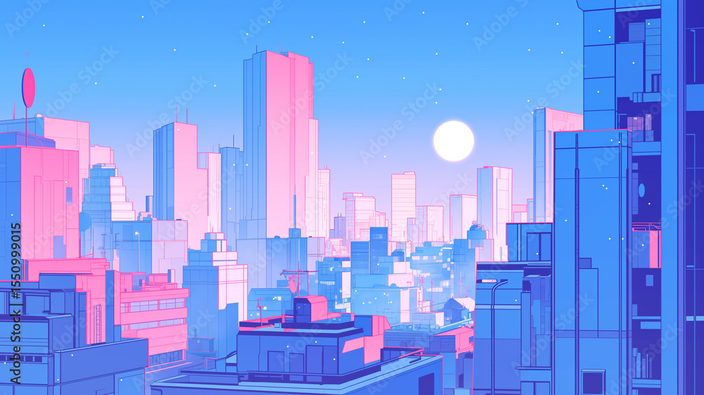 custom made wallpaper toronto digitalネオンカラーが輝くレトロポップ調の美しい満月都市夜景イラスト・1980年代風ノスタルジックな未来都市背景素材・青とピンクの幻想的な夜空の街並み・エモさ溢れるシティライフの夜景情景