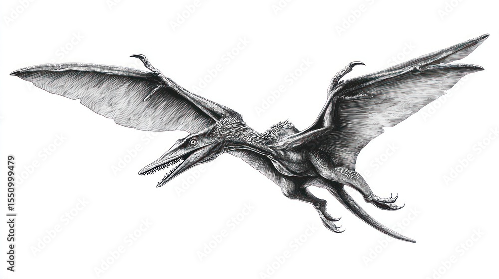 Fototapeta premium Monochrome illustration of a pterodactyl in flight