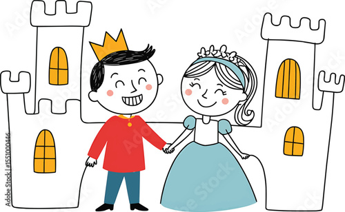 Happy prince and princess standing in front of fairytale castle Vector illustration,Generative Ai