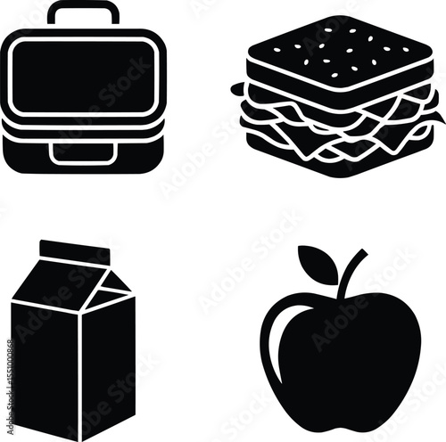 School Lunchbox and Food Icons in Black Silhouette Vector,Generative Ai