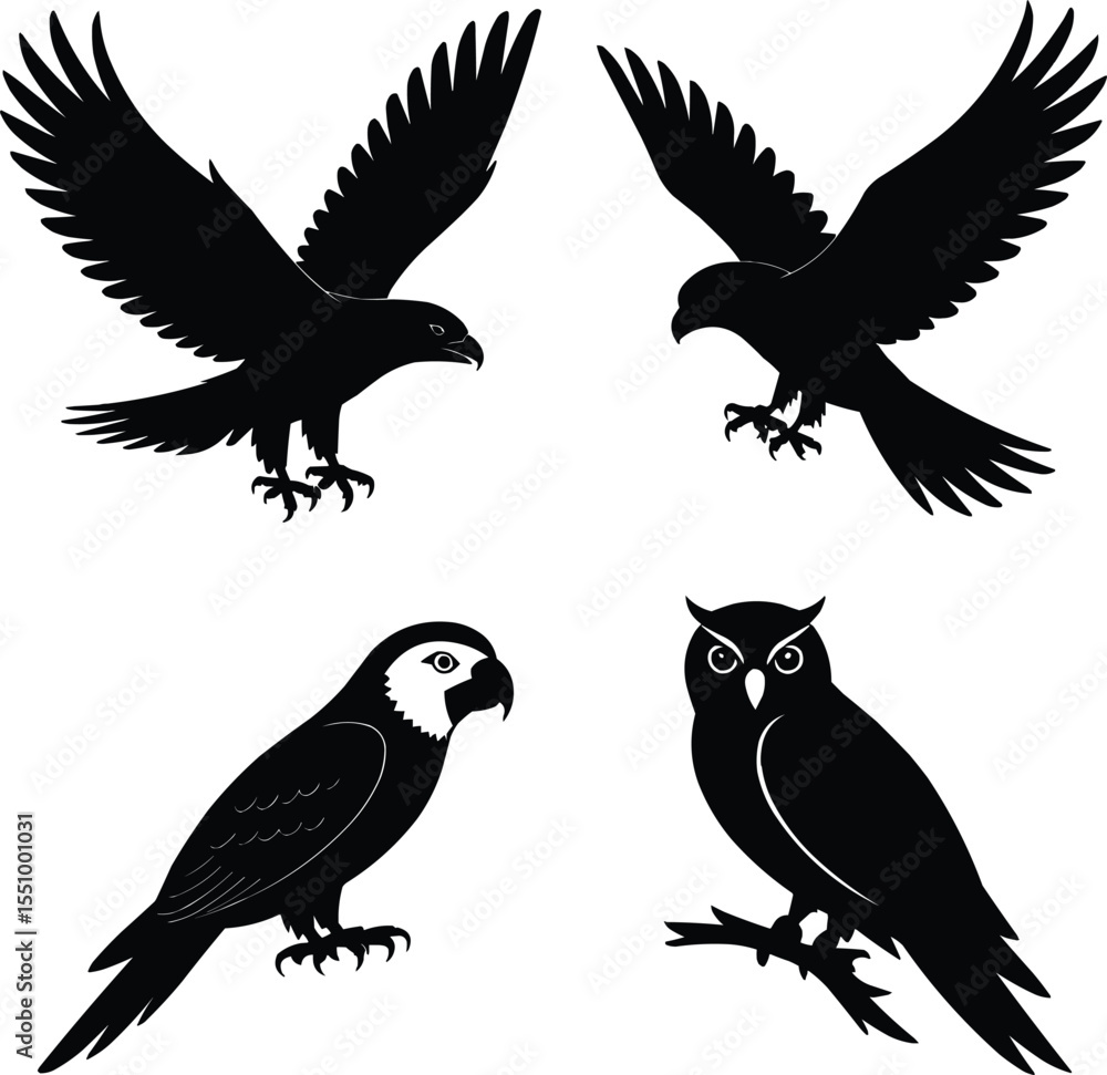 Obraz premium Set of flying and perched bird silhouettes including owl, eagle, parrot Vector,Generative Ai