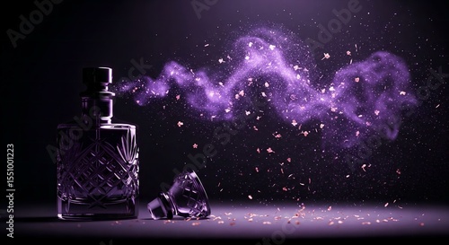 An elegant, photorealistic image of a vintage perfume bottle releasing a swirling, luminous purple mist and sparkling floral particles.