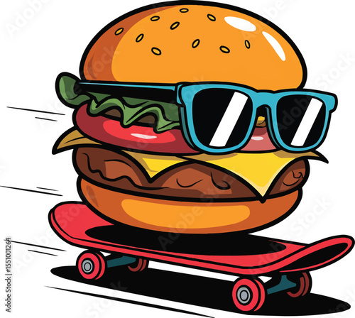Cool burger riding skateboard vector illustration,Generative Ai
