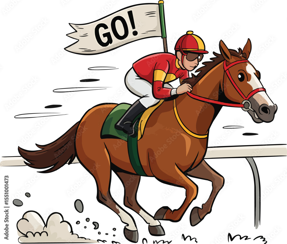 Fototapeta premium Racehorse with jockey running on track vector illustration,Generative Ai