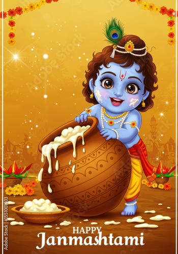 Cute Baby Krishna Playing Flute Next to Overflowing Butter Pot | Janmashtami Cartoon Art


