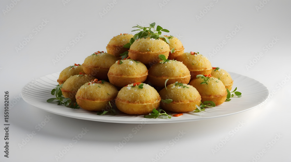 A pyramid of golden-brown, savory mini muffins, garnished with fresh herbs and a sprinkle of red pepper flakes, artfully arranged on a white, ribbed platter. A pyramid of golden-brown, savory mini muffins, garnished with fresh herbs and a sprinkle of red pepper flakes, artfully arranged on a white, ribbed platter.