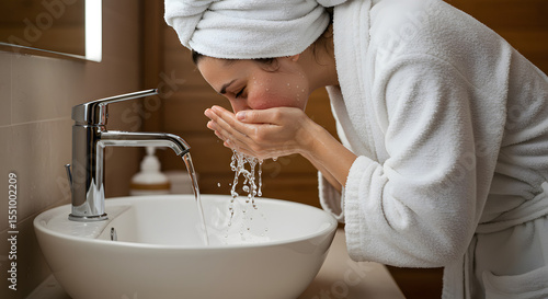 Woman in robe leans over sink cupping hands to catch water washing face after a relaxing morning routine.