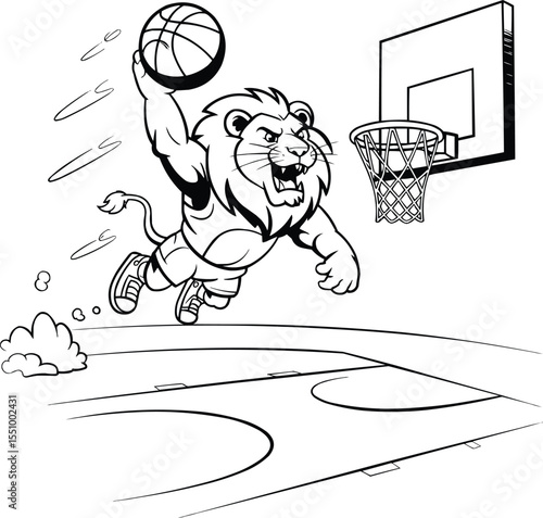 cartoon lion dunking basketball vector illustration,Generative Ai