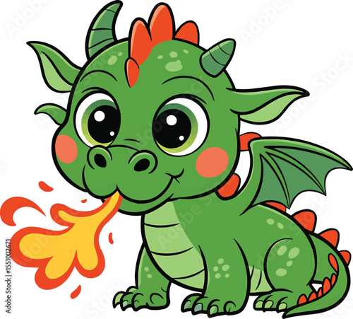Baby Green Dragon Breathing Fire Vector Illustration,Generative Ai