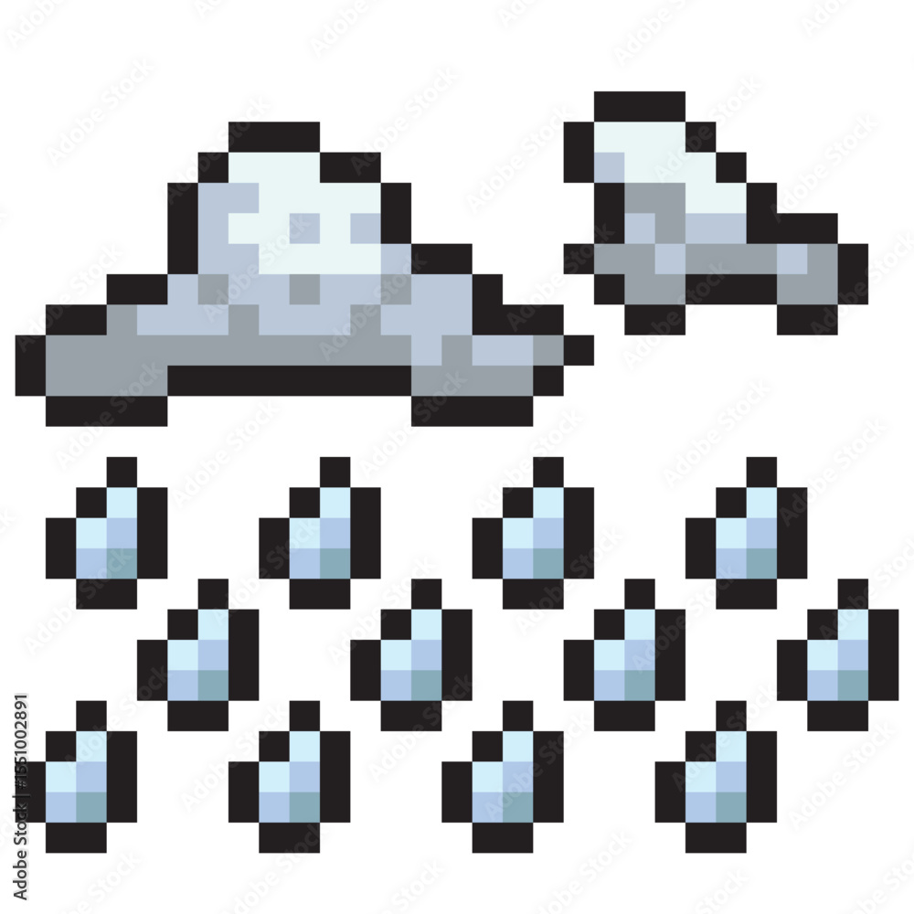 Fototapeta premium Gray rain cloud in pixel style on white background.