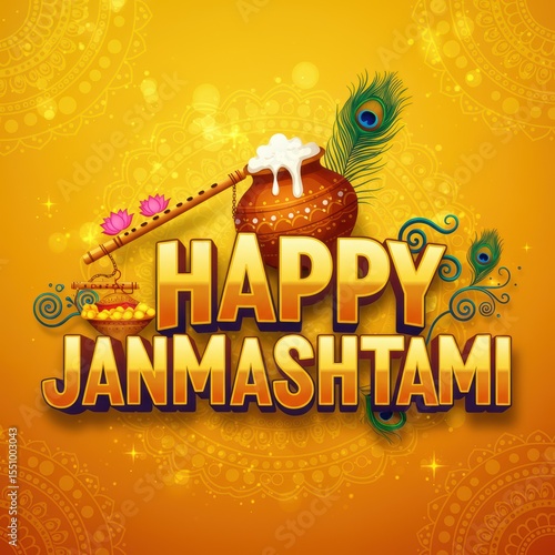 Happy Janmashtami 3D Text Poster Design | Festival Greeting with Butter Pot & Peacock Feather

