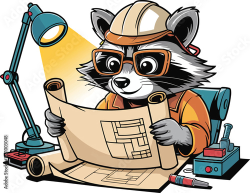 Engineer Raccoon Reading Blueprint Vector Illustration,Generative Ai