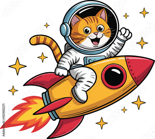 Space Cat Riding Rocket in Galaxy Vector Illustration,Generative Ai