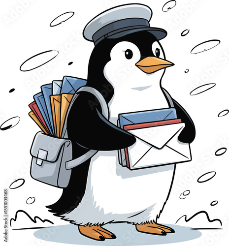 Penguin Postman with Letters in Snow Vector Illustration,Generative Ai