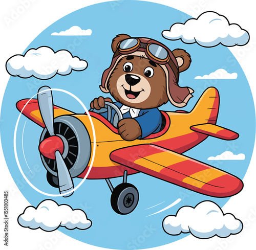 Cartoon Bear Flying Plane in Sky Vector Illustration,Generative Ai