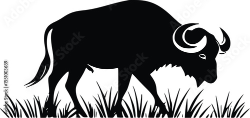 Serene Wildebeest Silhouette:  Elegant Black Ink Drawing of African Animal Grazing in Tall Grass.