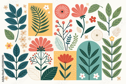 Abstract Botanical Flat Collage – Modern Summer Plant Illustration with Organic Shapes and Nature-Inspired Design – Perfect for Posters, Social Media, Branding, and Wall Art

