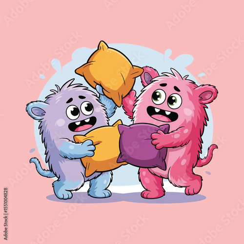 Happy Cartoon Monsters Having Pillow Fight Vector Illustration,Generative Ai