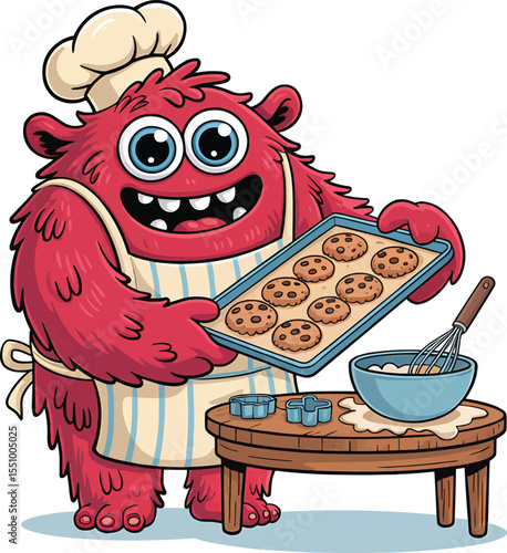 Funny Monster Baking Cookies Cartoon Vector Illustration,Generative Ai