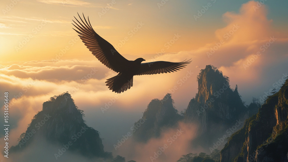 Fototapeta premium Eagle flying over mountains landscape nature scenic sky clouds freedom wildlife adventure travel photography
