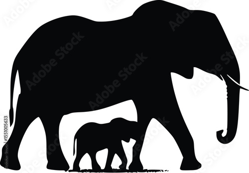 Serene African elephant silhouette, mother and calf, minimalist design, strong family bond, powerful image, gentle giants, nature's grace, wildlife conservation.