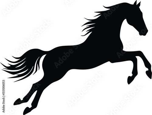 Dynamic black silhouette of a horse leaping; powerful, elegant, equine energy; isolated vector illustration.