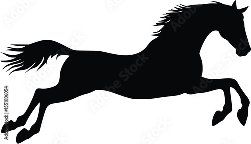 Dynamic black silhouette of a horse leaping; powerful, elegant, and free; isolated equine vector graphic.