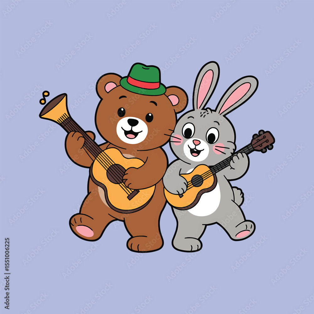 Fototapeta premium Cute bear and bunny playing guitars cartoon vector illustration,Generative Ai