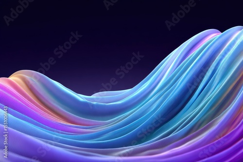 Abstract flowing multicolored waves with fine linear textures on a dark background