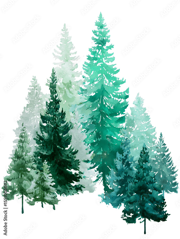 Obraz premium Teal and Green Watercolor Evergreen Trees on Transparent Background, PNG
